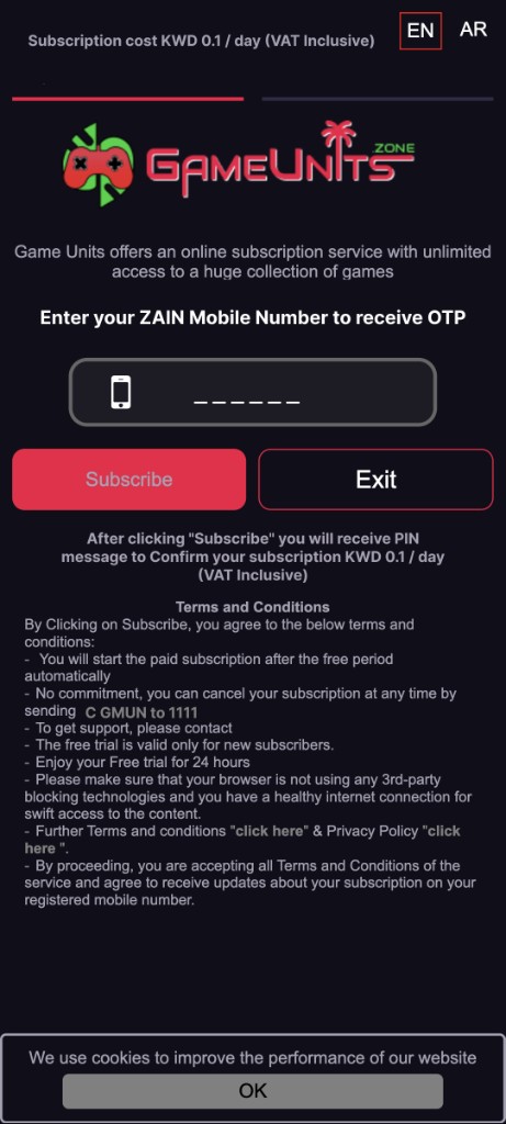 GameUnits Zone — MSISDN entry screen